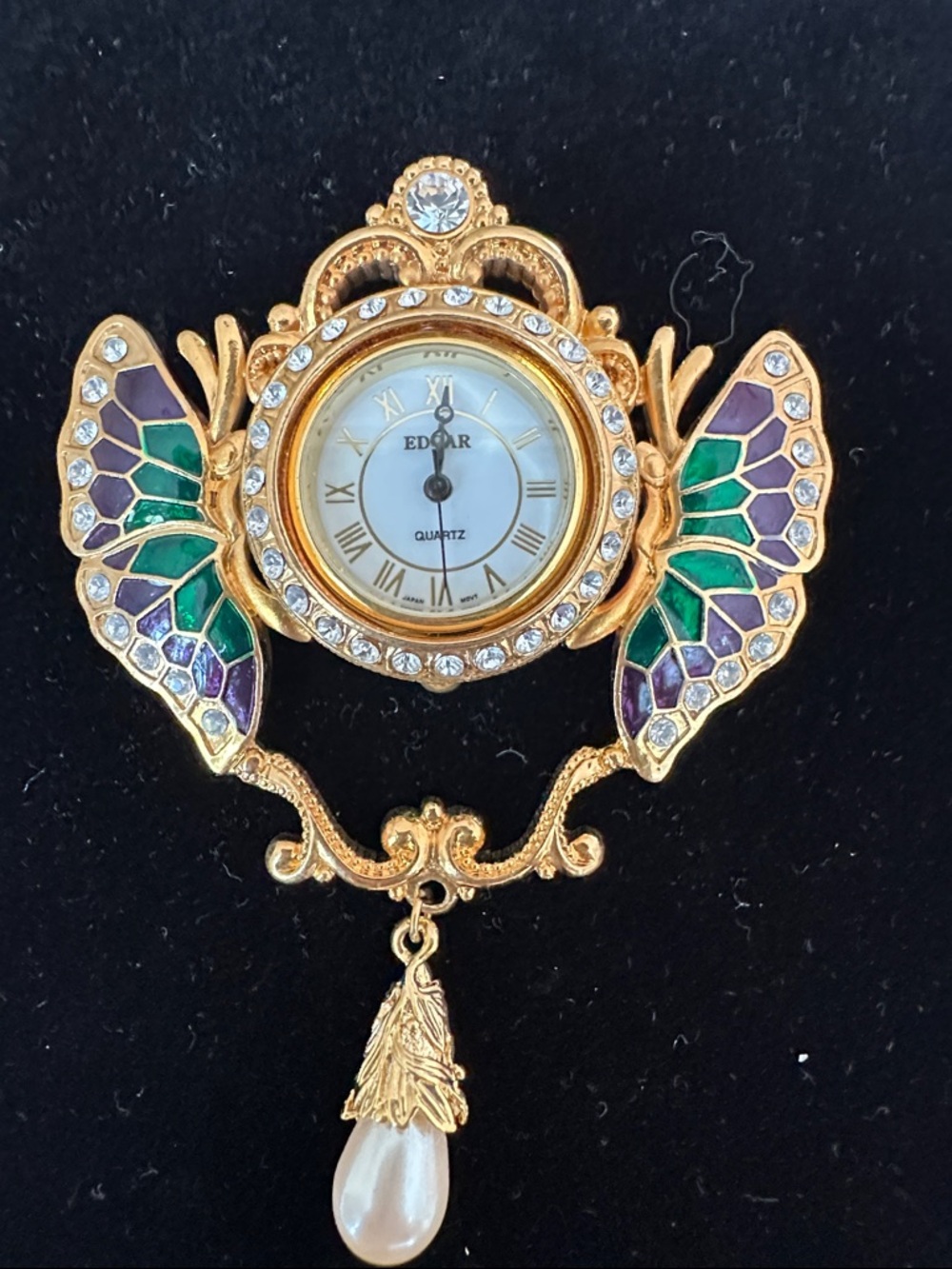 Edgar Berebi Gold Butterfly Brooch/Enhancer-Green & Purple Enamel and Pearl Drop